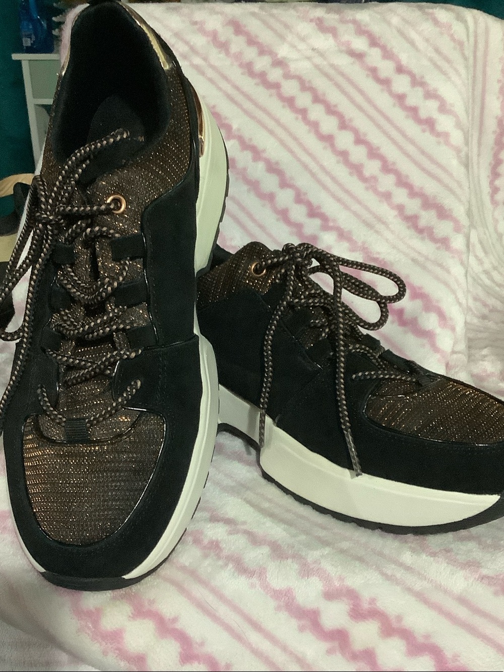 Skechers Black and Bronze Metallic Women's Lace-Up Sneakers